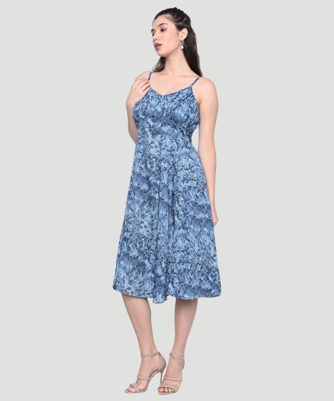 Women's Blue Abstract Print Regular Fit A-line Midi Dress